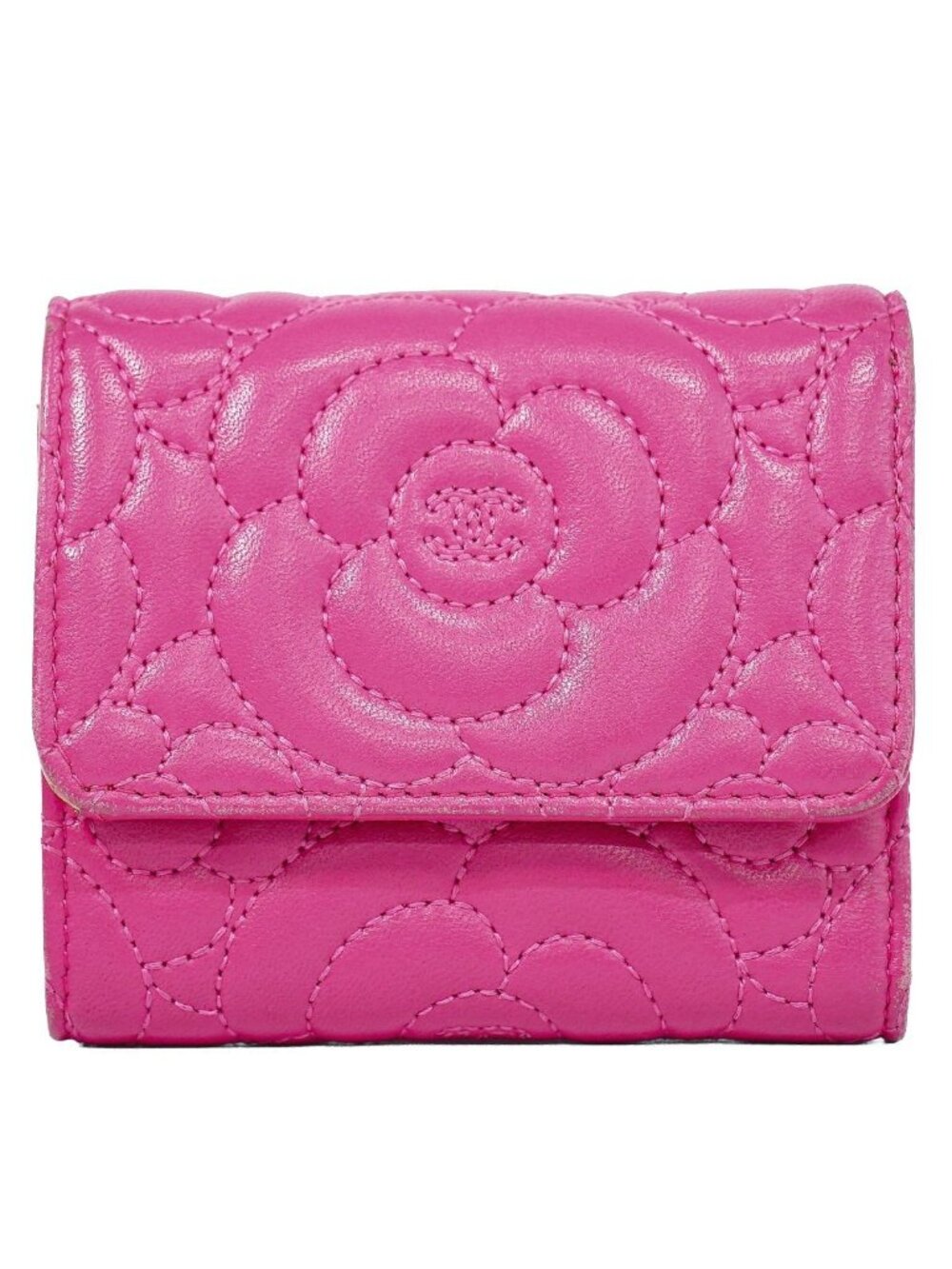 Chanel Camellia CC Logo Trifold Wallet Compact Leather Pink